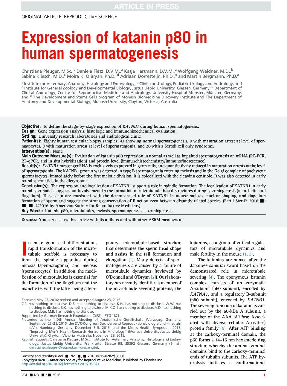 Expression of katanin p80 in human spermatogenesis
