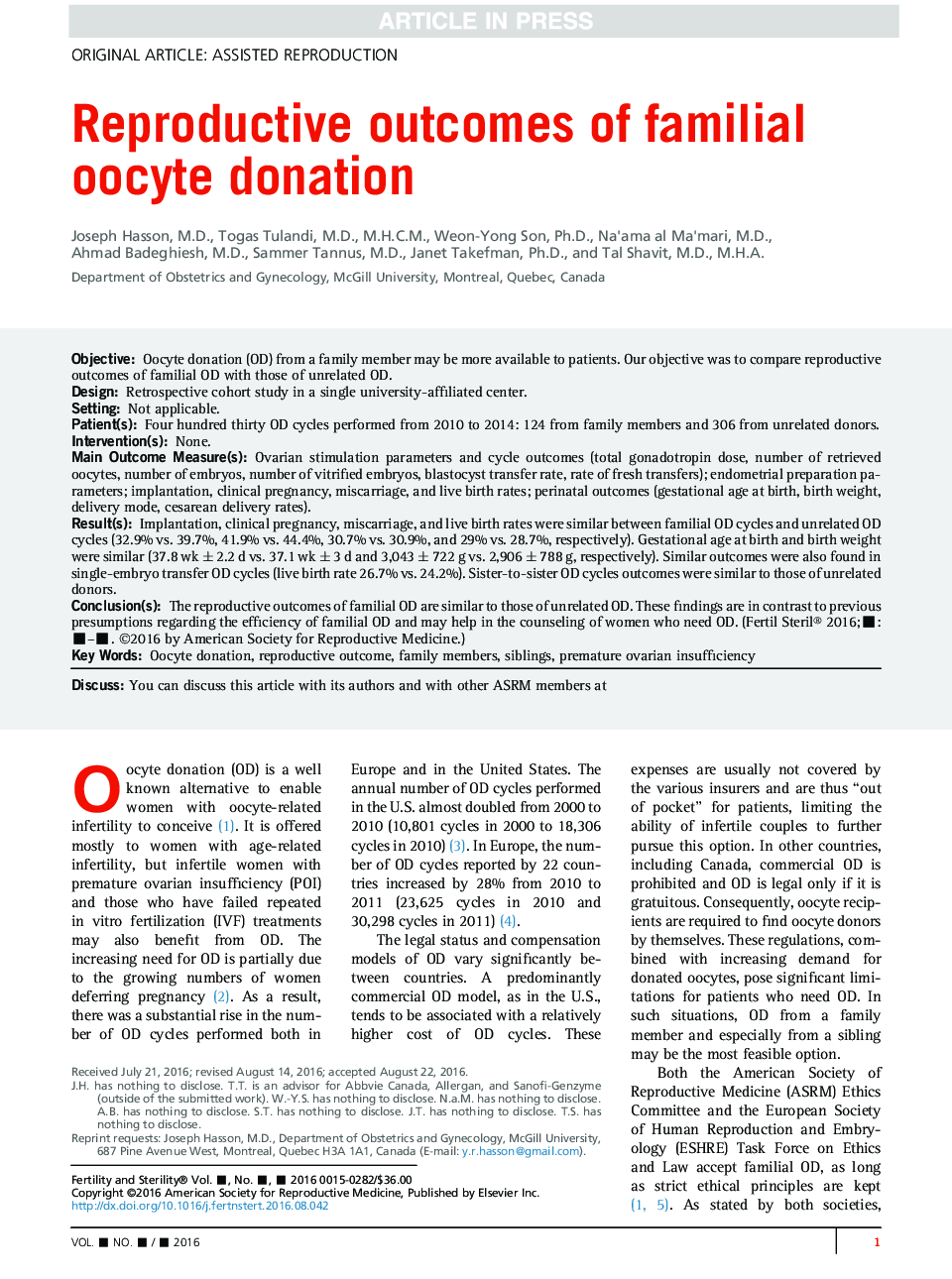 Reproductive outcomes of familial oocyte donation
