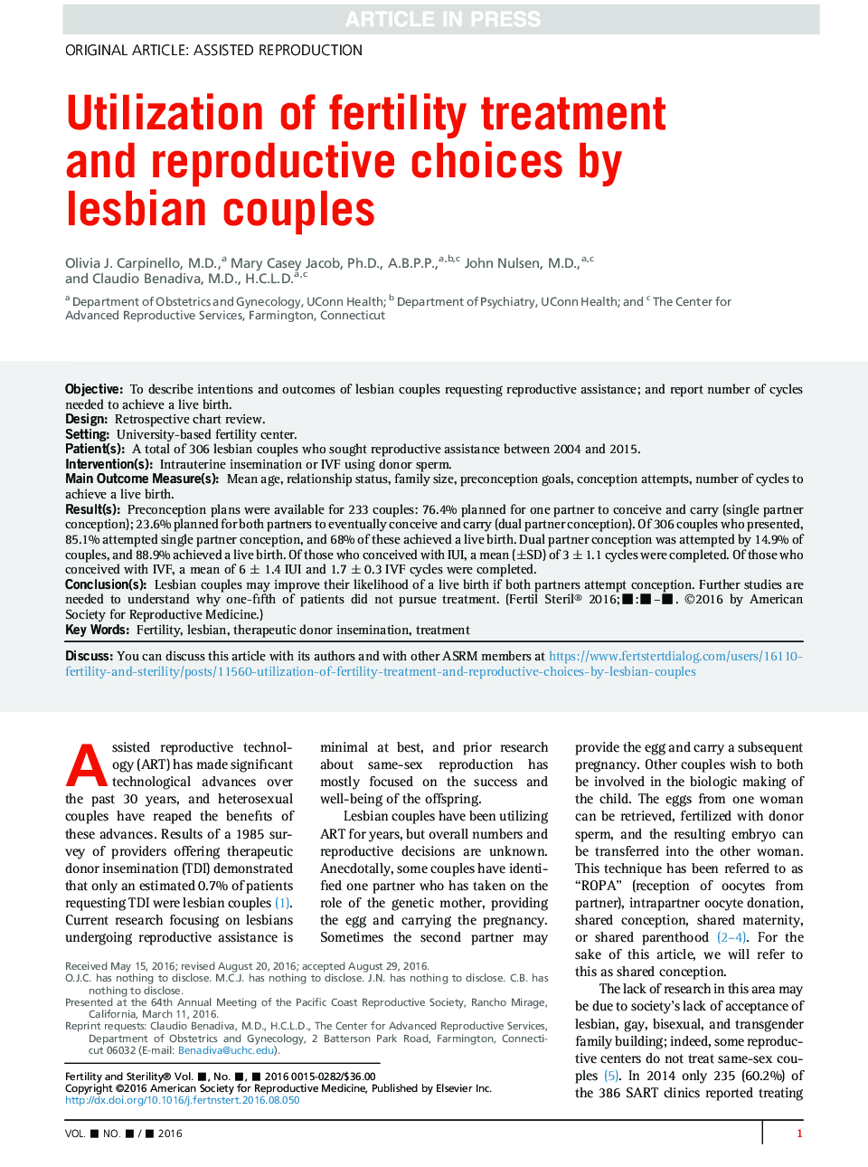 Utilization of fertility treatment and reproductive choices by lesbian couples