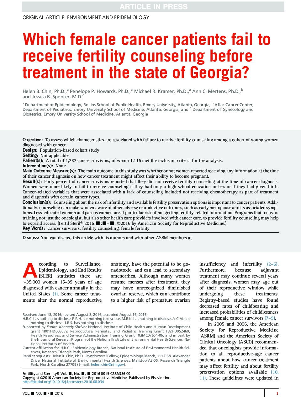کدام بیمار مبتلا به سرطان قبل از درمان در ایالت جورجیا مشاوره باروری را دریافت نکرده است؟ 