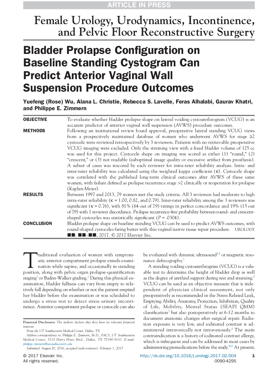 Bladder Prolapse Configuration on Baseline Standing Cystogram Can Predict Anterior Vaginal Wall Suspension Procedure Outcomes