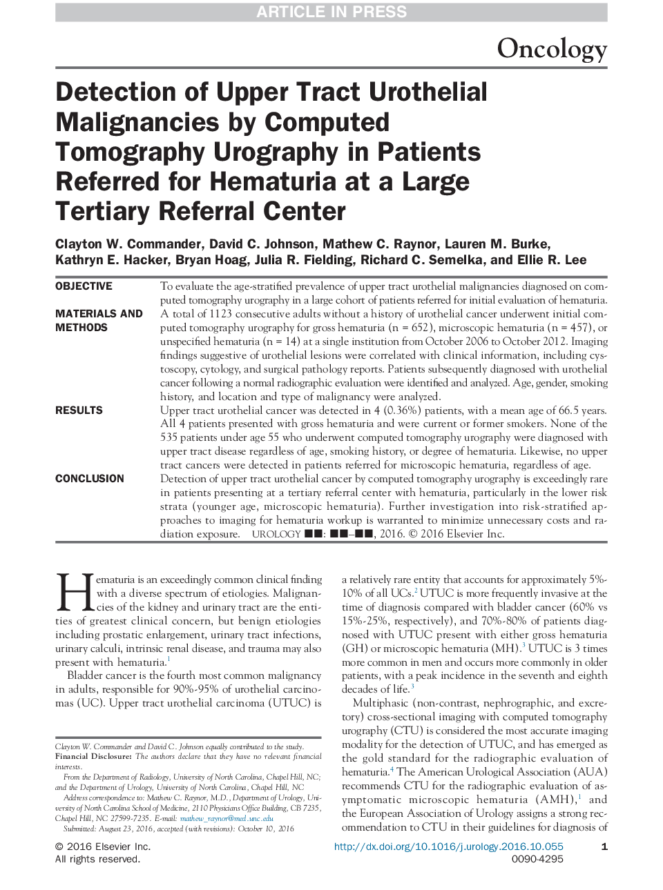 Detection of Upper Tract Urothelial Malignancies by Computed Tomography Urography in Patients Referred for Hematuria at a Large Tertiary Referral Center