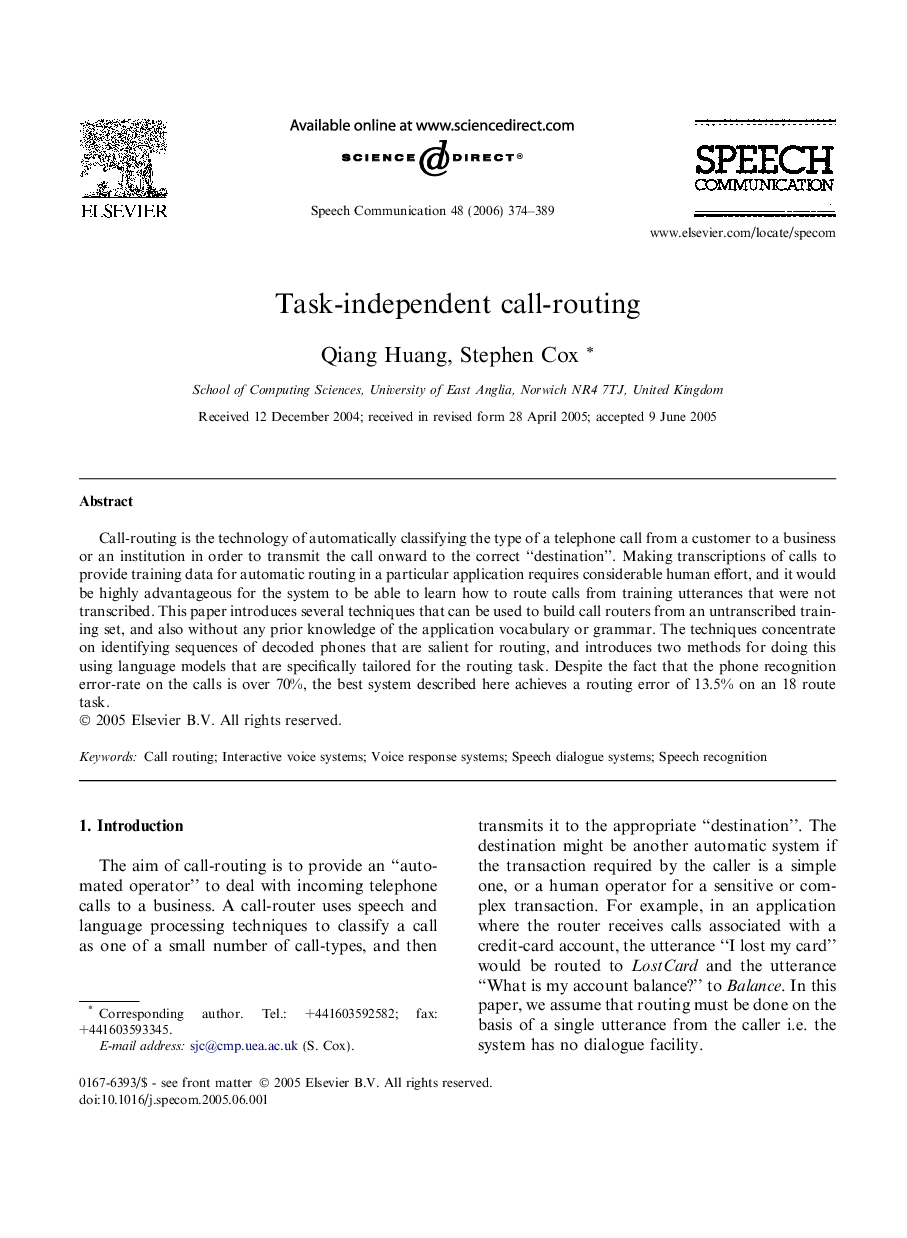 عکس صفحه اول مقاله: Task-independent call-routing Task-independent call-routing