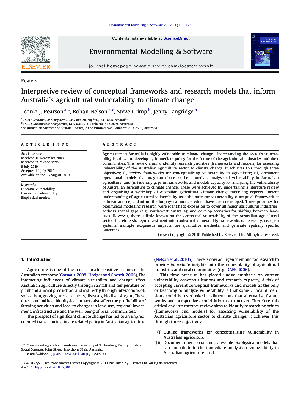 Interpretive review of conceptual frameworks and research models that inform Australia’s agricultural vulnerability to climate change