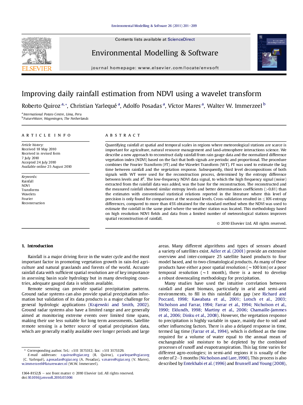 Improving daily rainfall estimation from NDVI using a wavelet transform