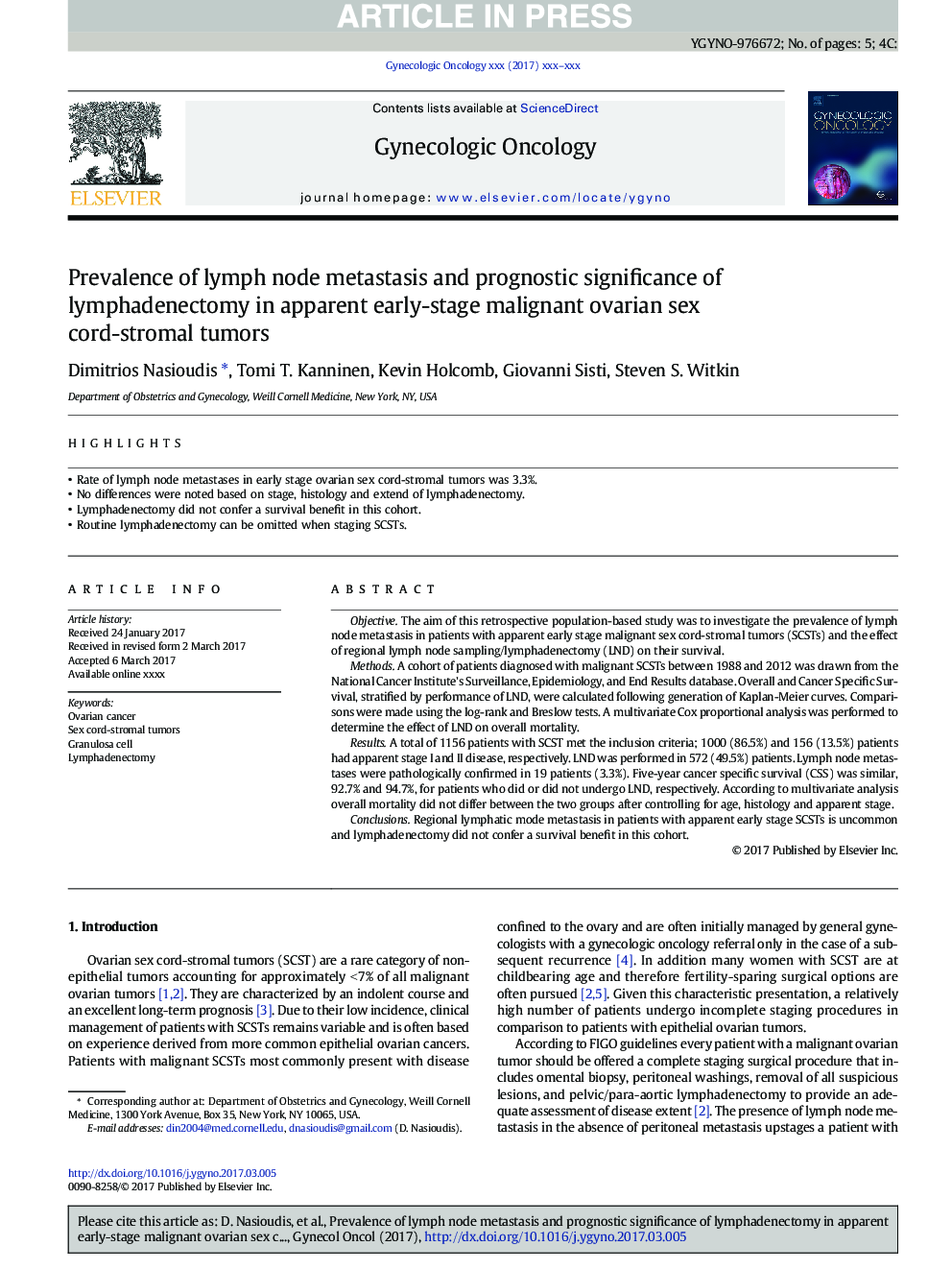 Prevalence of lymph node metastasis and prognostic significance of lymphadenectomy in apparent early-stage malignant ovarian sex cord-stromal tumors