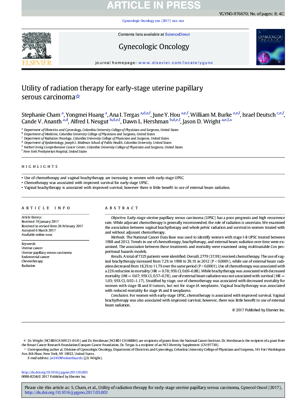 Utility of radiation therapy for early-stage uterine papillary serous carcinoma