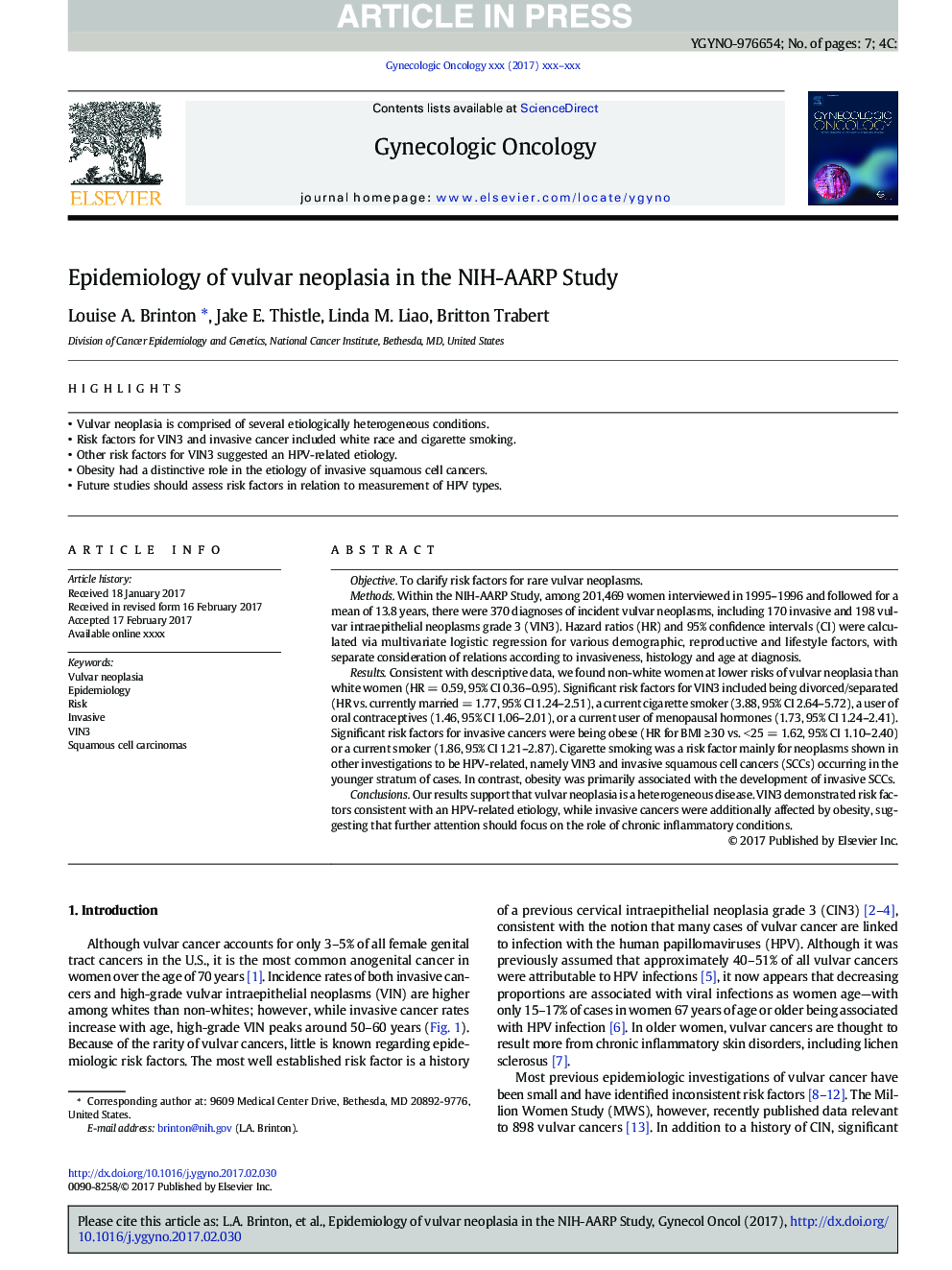 Epidemiology of vulvar neoplasia in the NIH-AARP Study