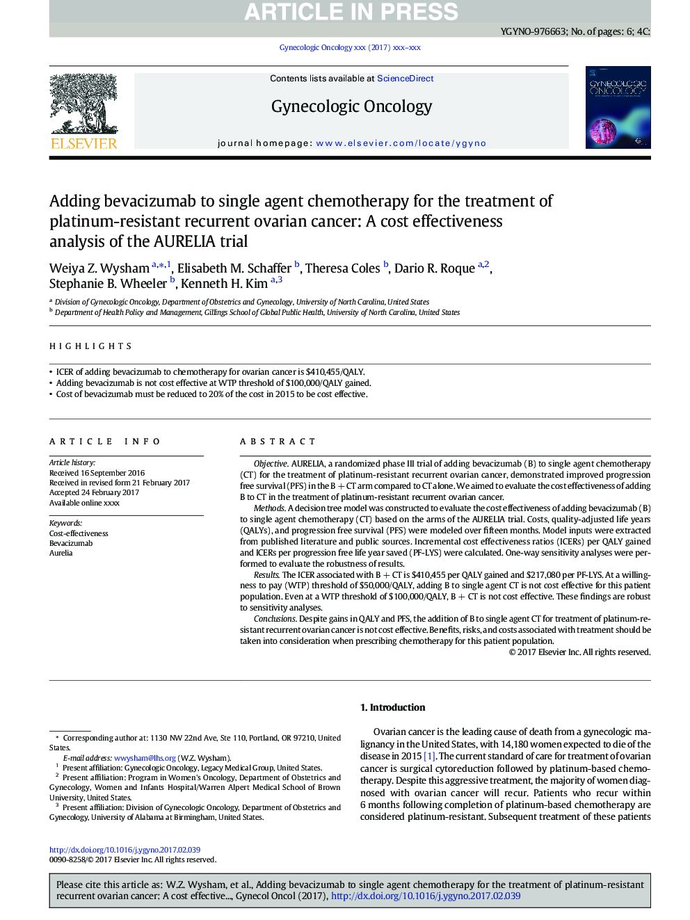 Adding bevacizumab to single agent chemotherapy for the treatment of platinum-resistant recurrent ovarian cancer: A cost effectiveness analysis of the AURELIA trial