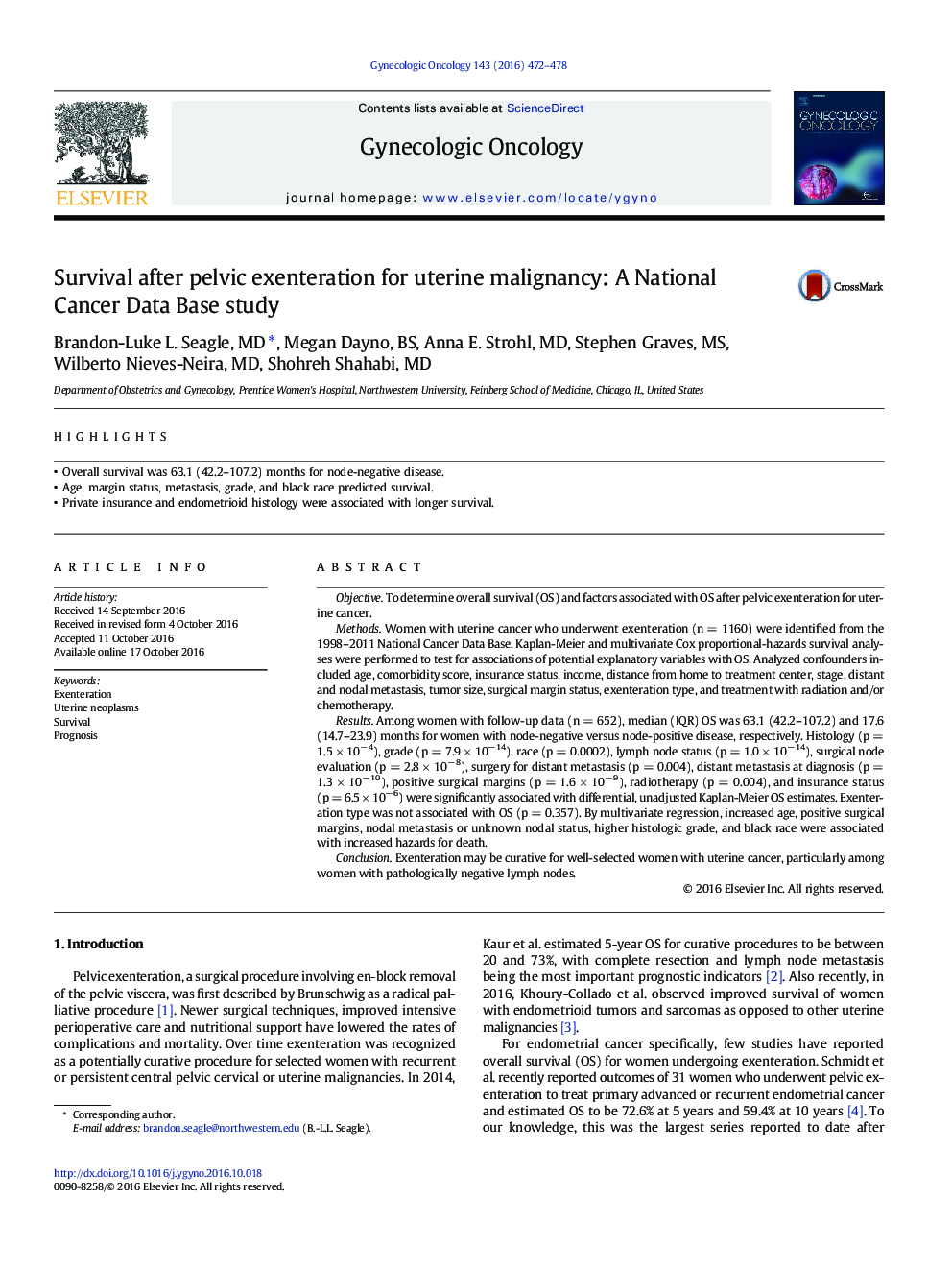 Survival after pelvic exenteration for uterine malignancy: A National Cancer Data Base study