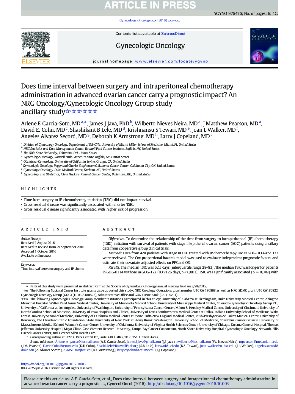 Does time interval between surgery and intraperitoneal chemotherapy administration in advanced ovarian cancer carry a prognostic impact? An NRG Oncology/Gynecologic Oncology Group study ancillary study