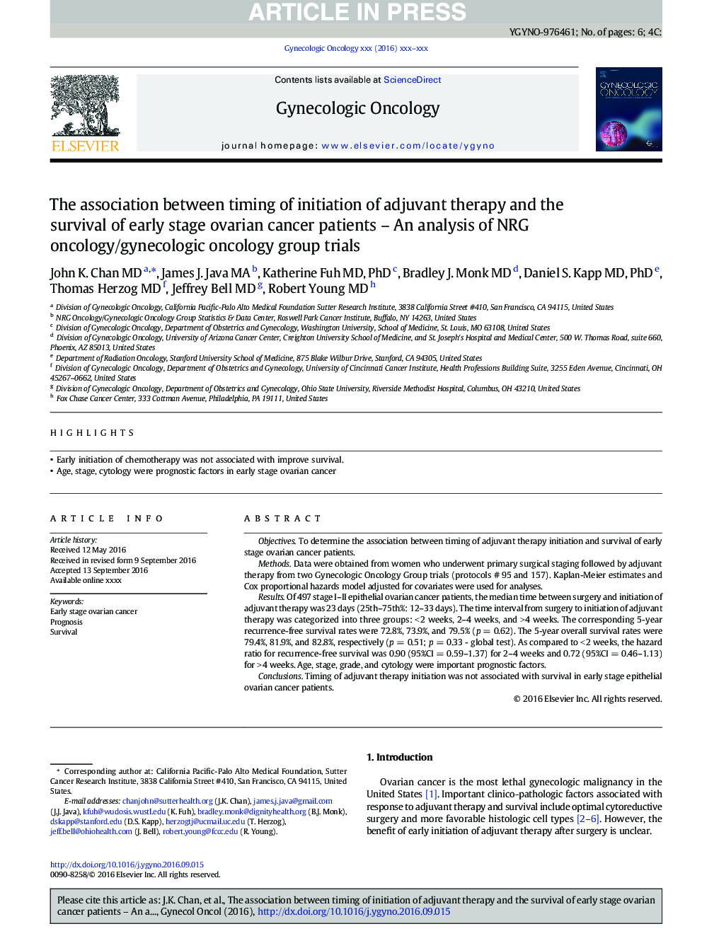 The association between timing of initiation of adjuvant therapy and the survival of early stage ovarian cancer patients - An analysis of NRG Oncology/Gynecologic Oncology Group trials
