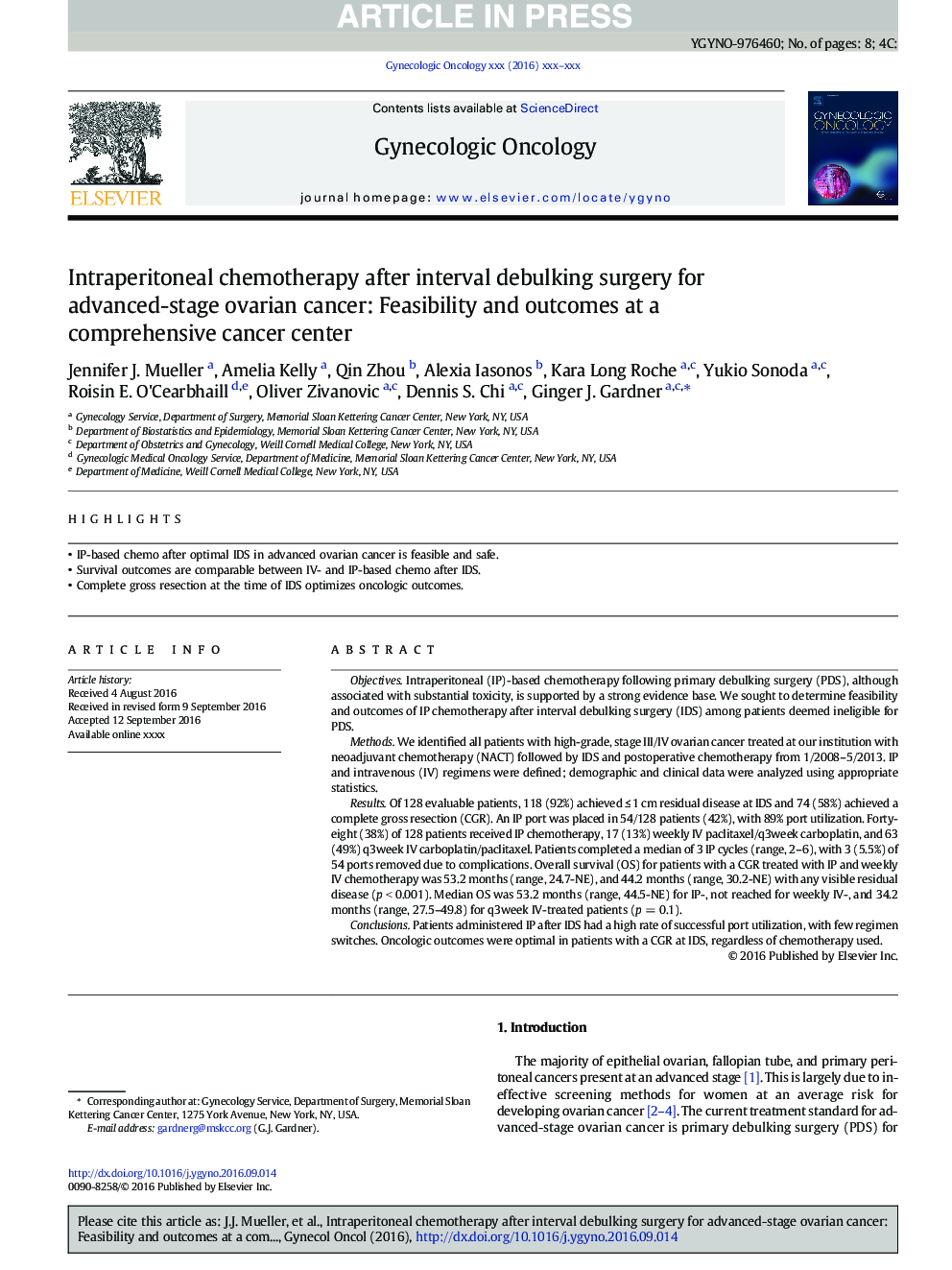 Intraperitoneal chemotherapy after interval debulking surgery for advanced-stage ovarian cancer: Feasibility and outcomes at a comprehensive cancer center