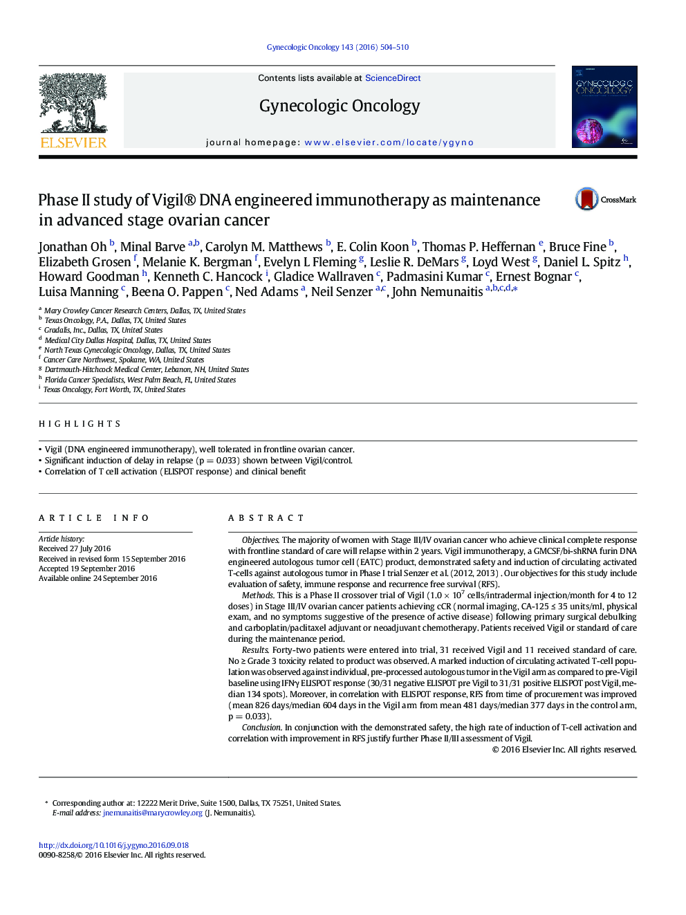 Phase II study of Vigil® DNA engineered immunotherapy as maintenance in advanced stage ovarian cancer