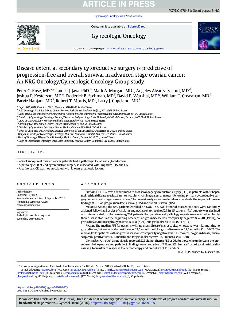 Disease extent at secondary cytoreductive surgery is predictive of progression-free and overall survival in advanced stage ovarian cancer: An NRG Oncology/Gynecologic Oncology Group study