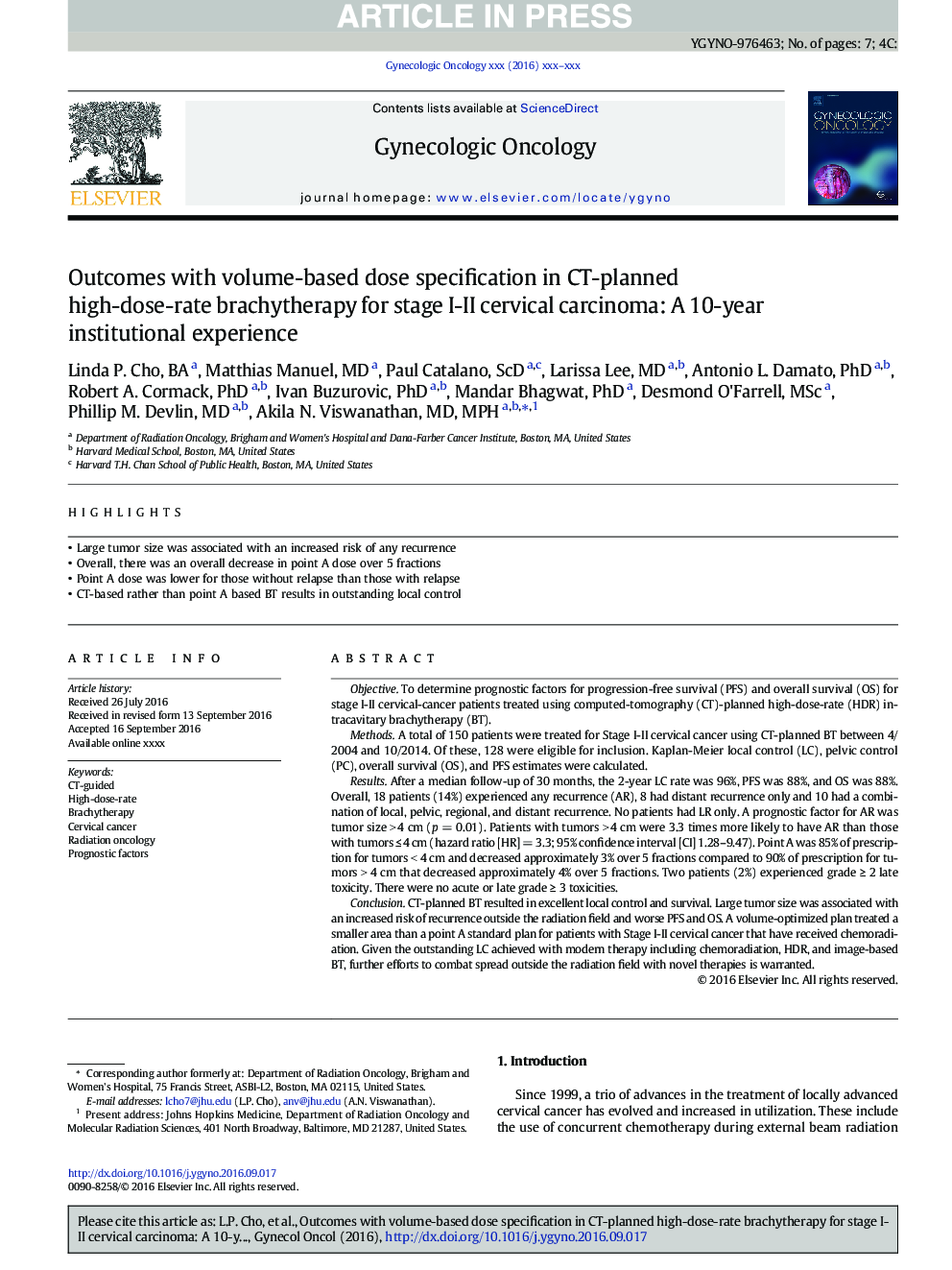 Outcomes with volume-based dose specification in CT-planned high-dose-rate brachytherapy for stage I-II cervical carcinoma: A 10-year institutional experience