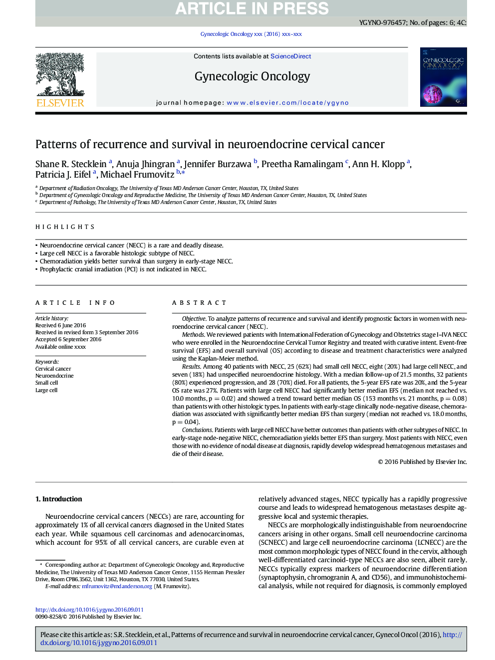 Patterns of recurrence and survival in neuroendocrine cervical cancer