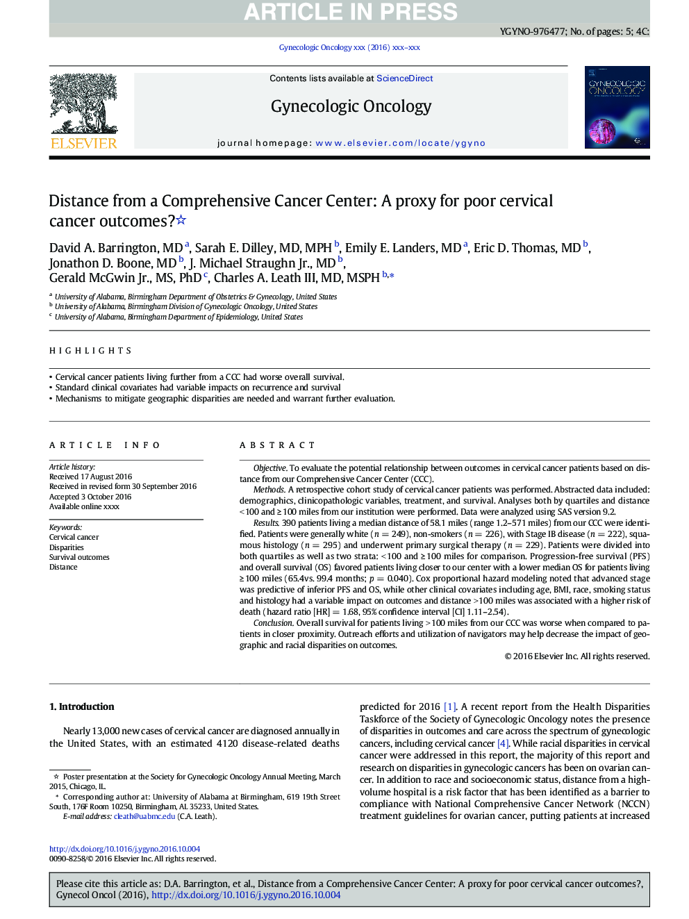 Distance from a Comprehensive Cancer Center: A proxy for poor cervical cancer outcomes?