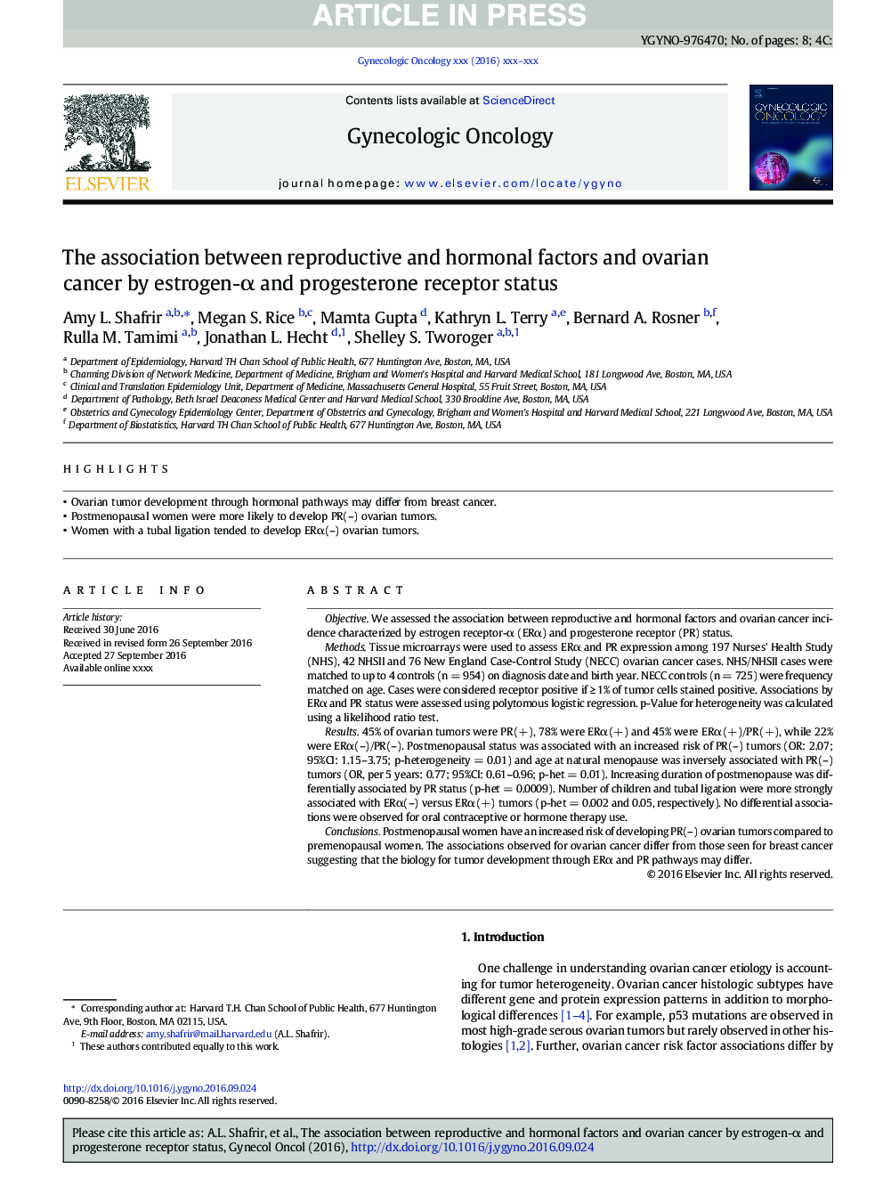 The association between reproductive and hormonal factors and ovarian cancer by estrogen-Î± and progesterone receptor status