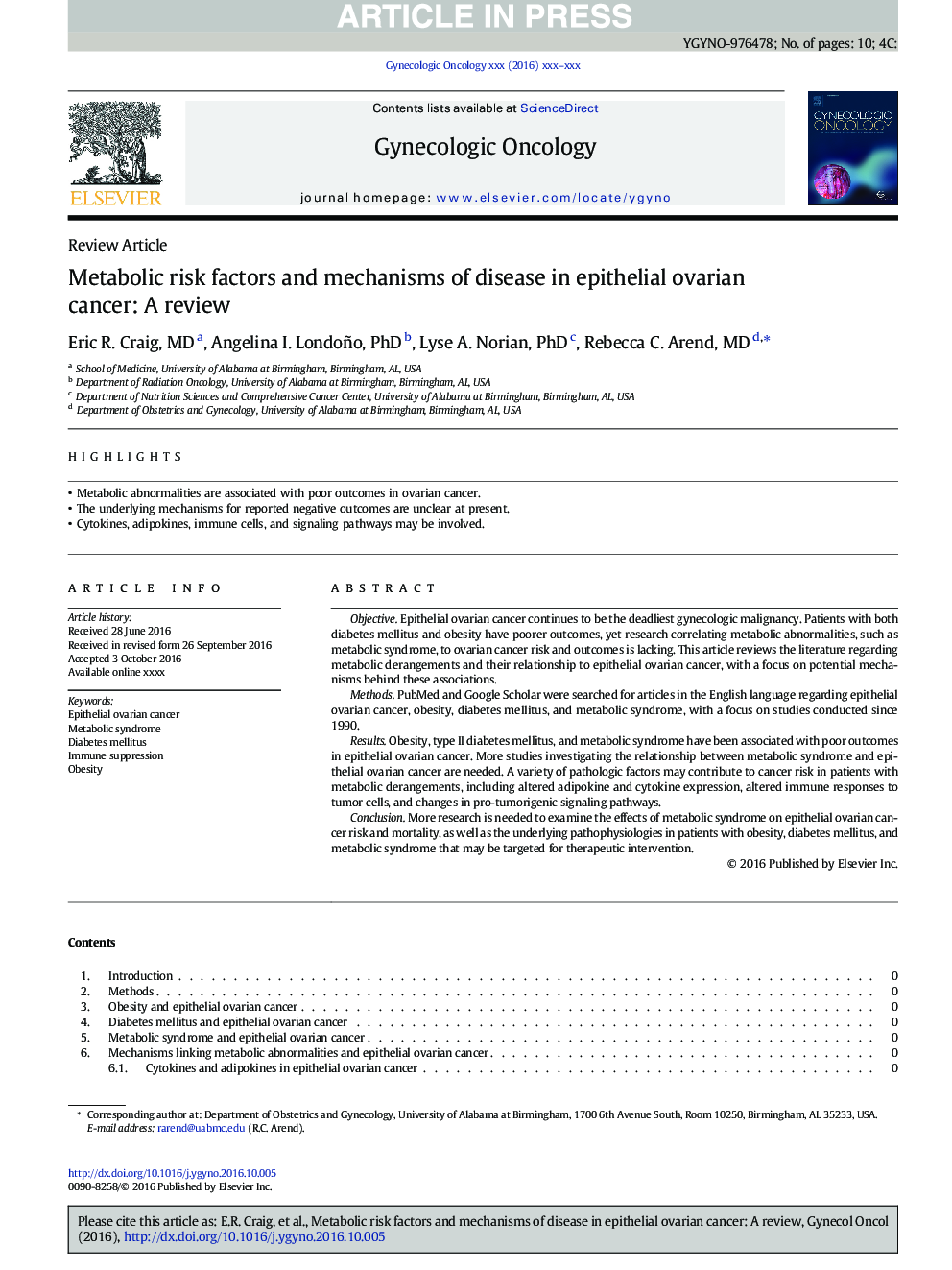 Metabolic risk factors and mechanisms of disease in epithelial ovarian cancer: A review