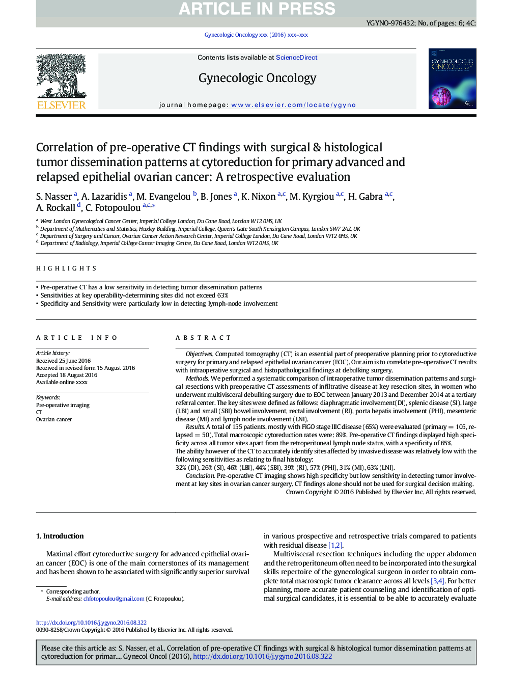 Correlation of pre-operative CT findings with surgical & histological tumor dissemination patterns at cytoreduction for primary advanced and relapsed epithelial ovarian cancer: A retrospective evaluation