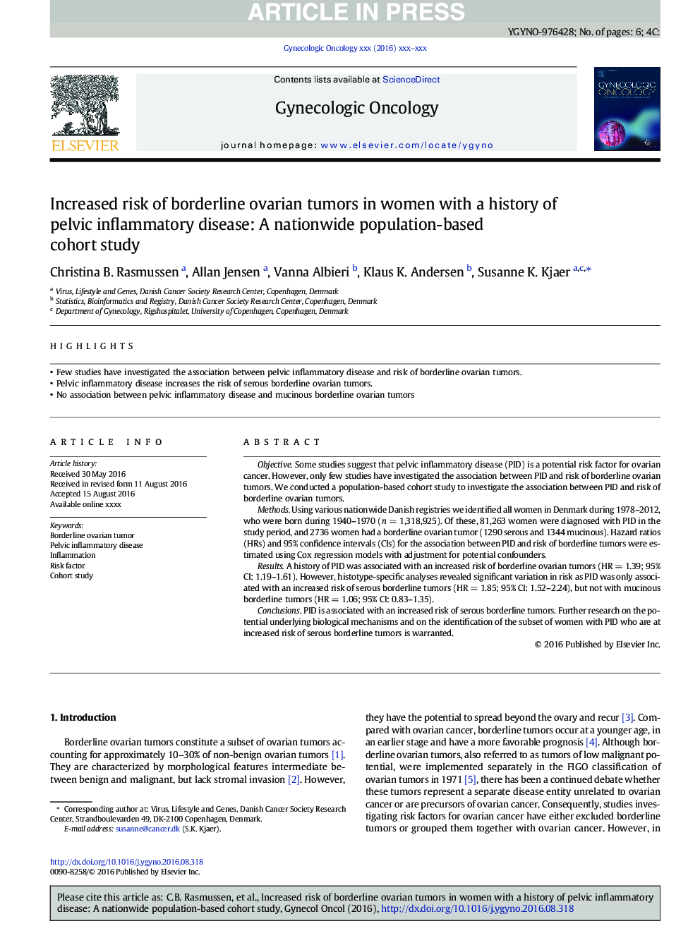 Increased risk of borderline ovarian tumors in women with a history of pelvic inflammatory disease: A nationwide population-based cohort study