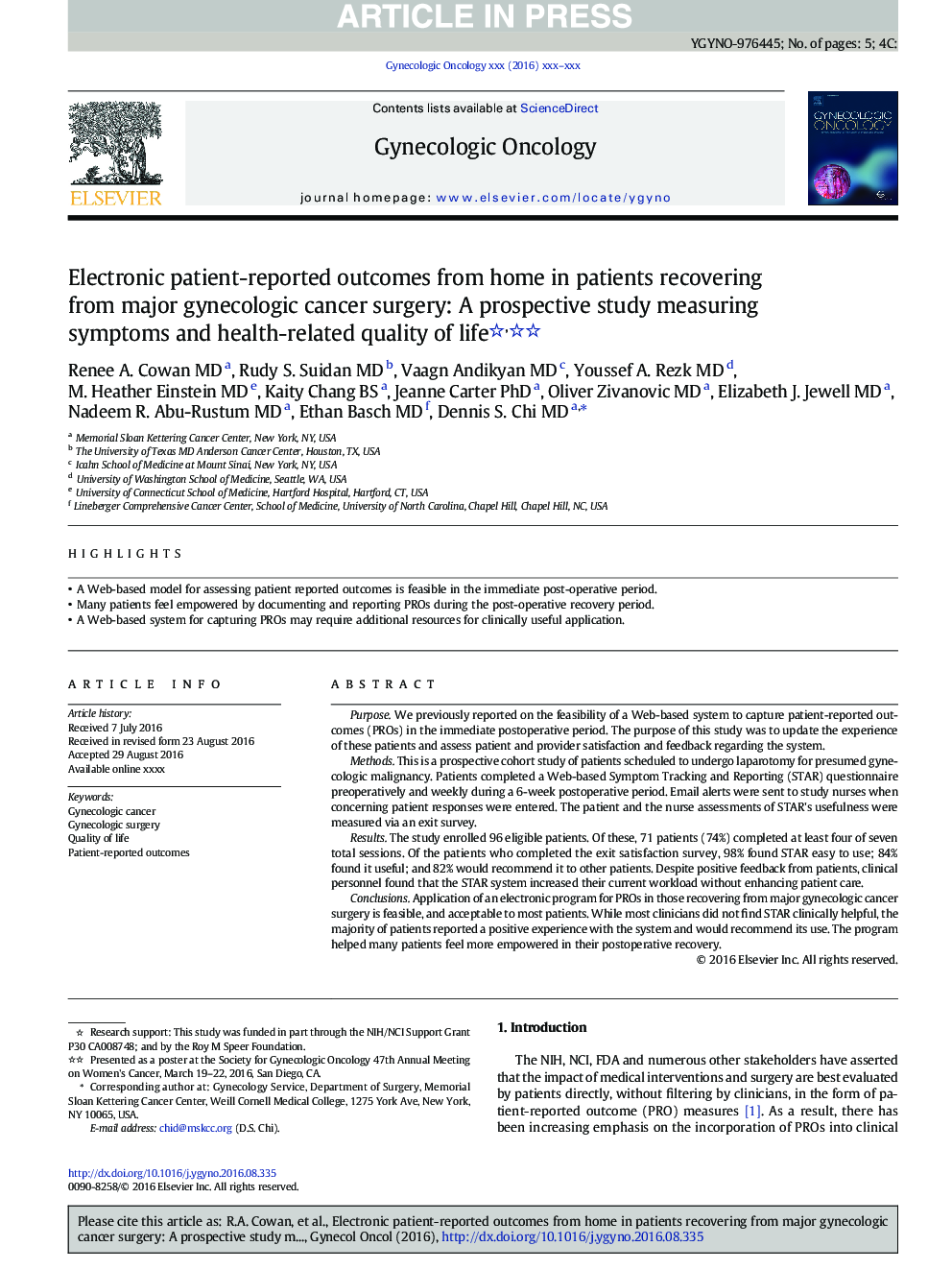 Electronic patient-reported outcomes from home in patients recovering from major gynecologic cancer surgery: A prospective study measuring symptoms and health-related quality of life