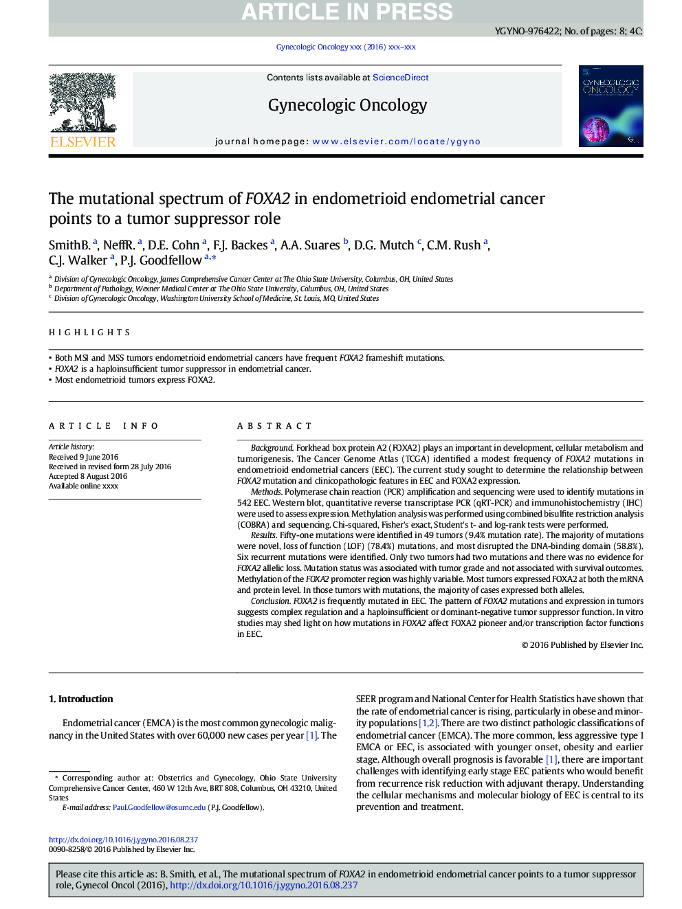 The mutational spectrum of FOXA2 in endometrioid endometrial cancer points to a tumor suppressor role