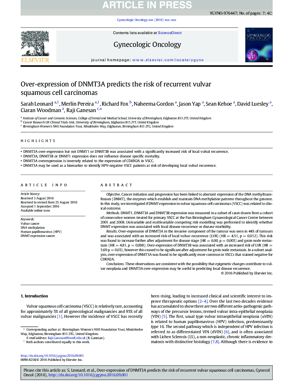 Over-expression of DNMT3A predicts the risk of recurrent vulvar squamous cell carcinomas