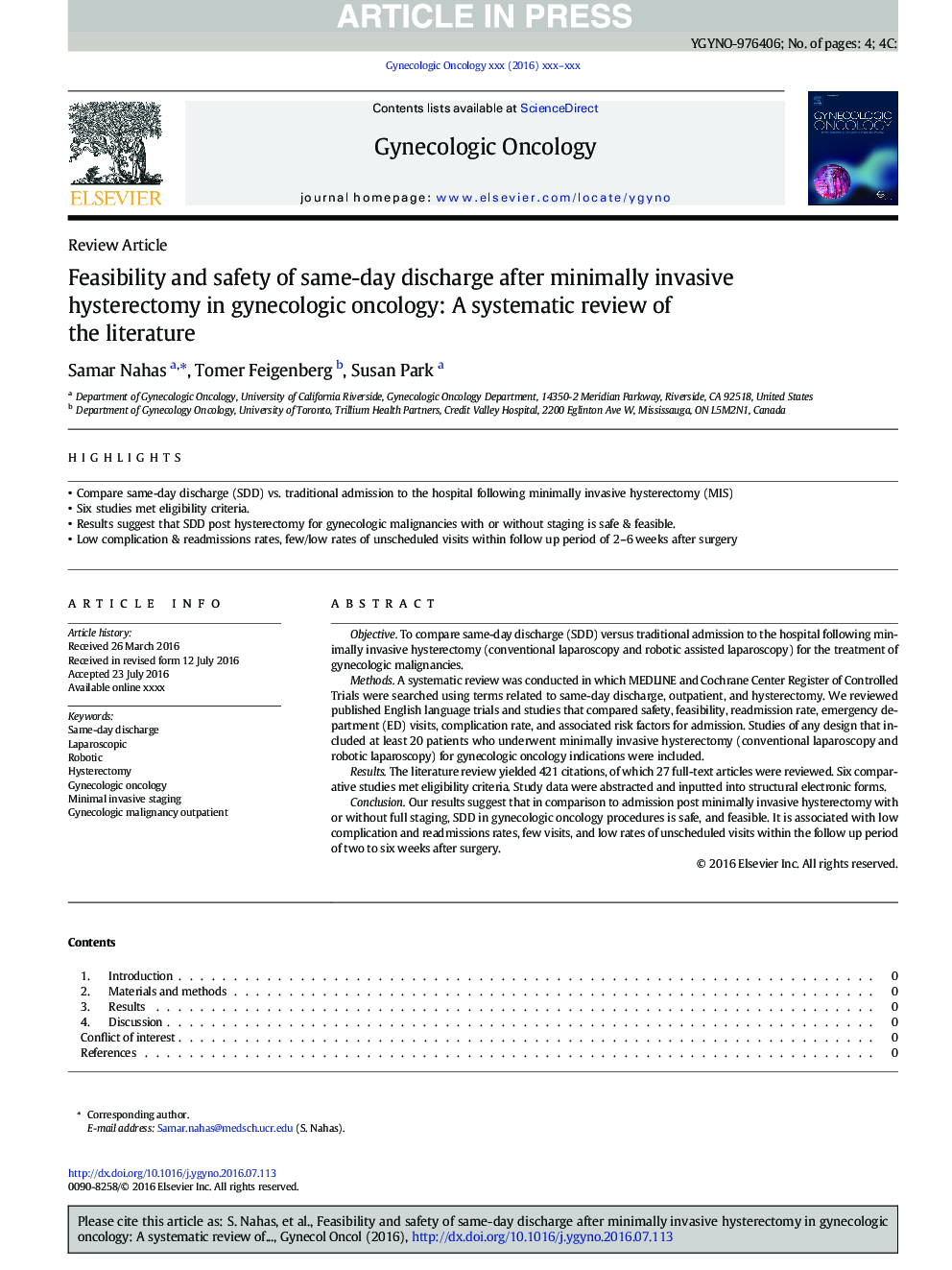 Feasibility and safety of same-day discharge after minimally invasive hysterectomy in gynecologic oncology: A systematic review of the literature