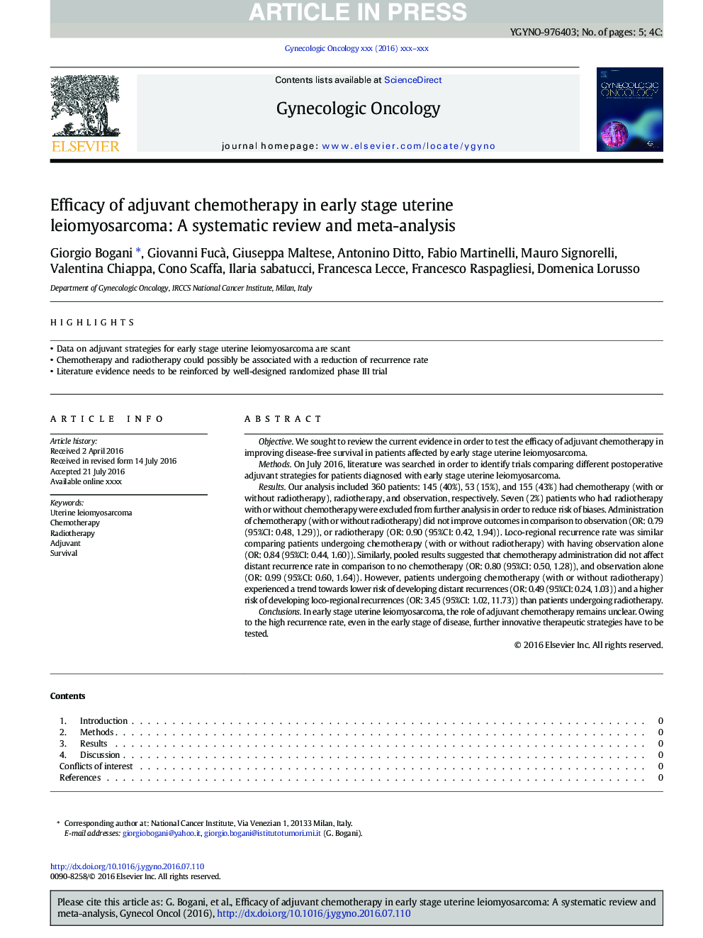 Efficacy of adjuvant chemotherapy in early stage uterine leiomyosarcoma: A systematic review and meta-analysis