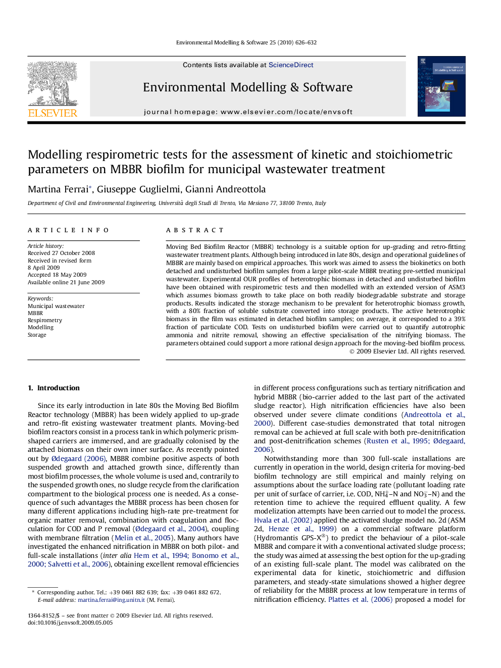 Modelling respirometric tests for the assessment of kinetic and stoichiometric parameters on MBBR biofilm for municipal wastewater treatment