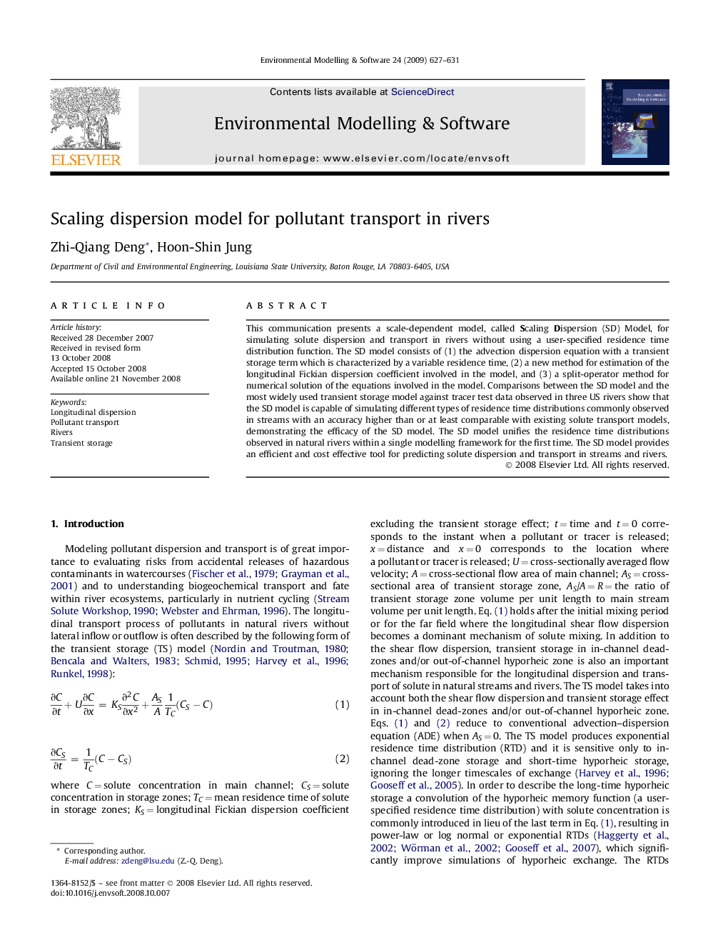 Scaling dispersion model for pollutant transport in rivers