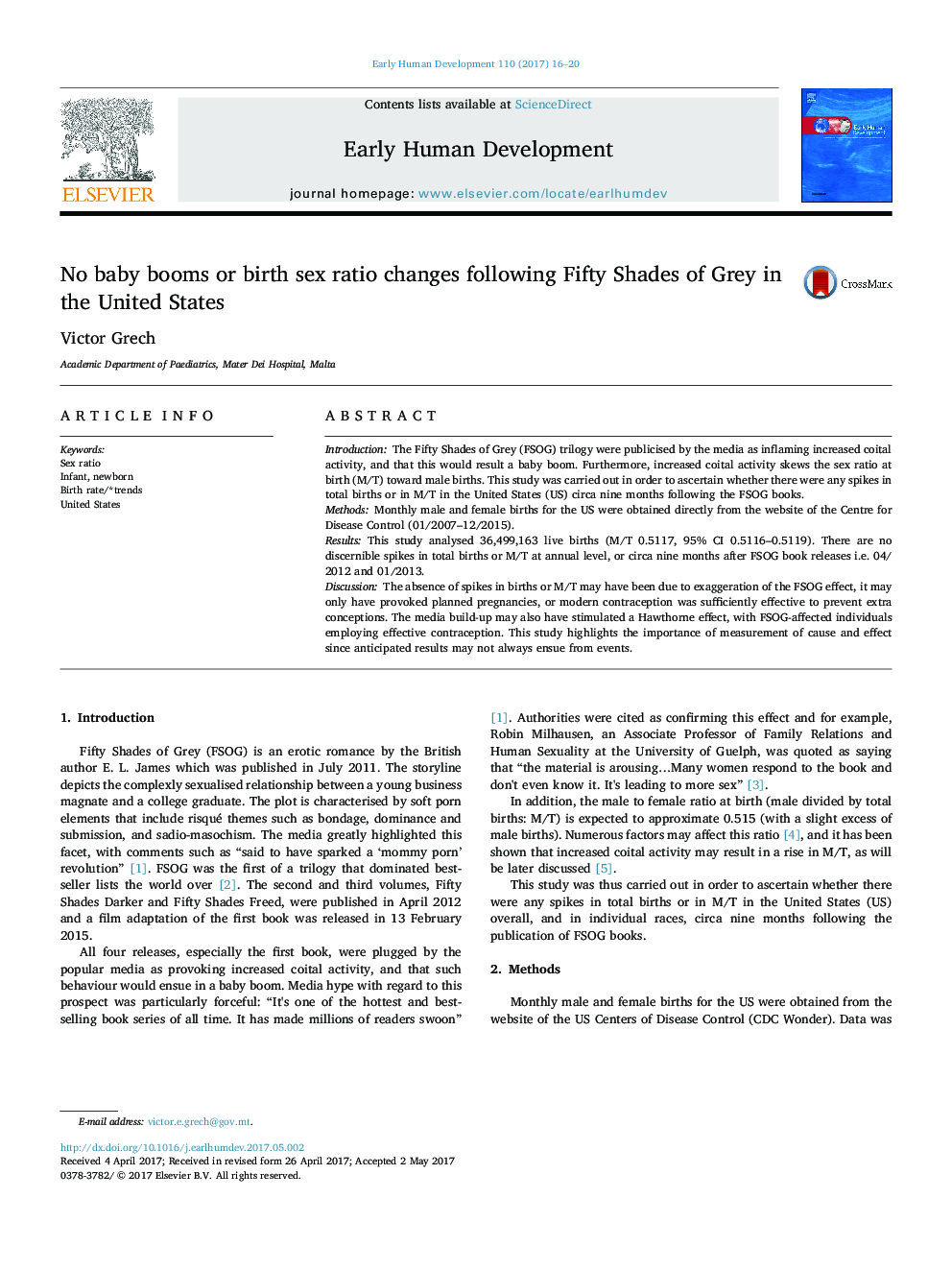 No baby booms or birth sex ratio changes following Fifty Shades of Grey in the United States