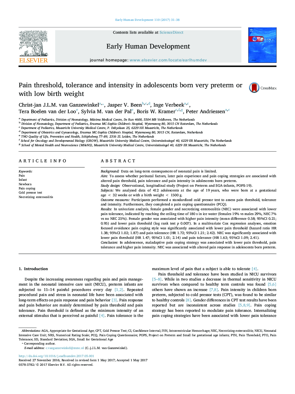 Pain threshold, tolerance and intensity in adolescents born very preterm or with low birth weight