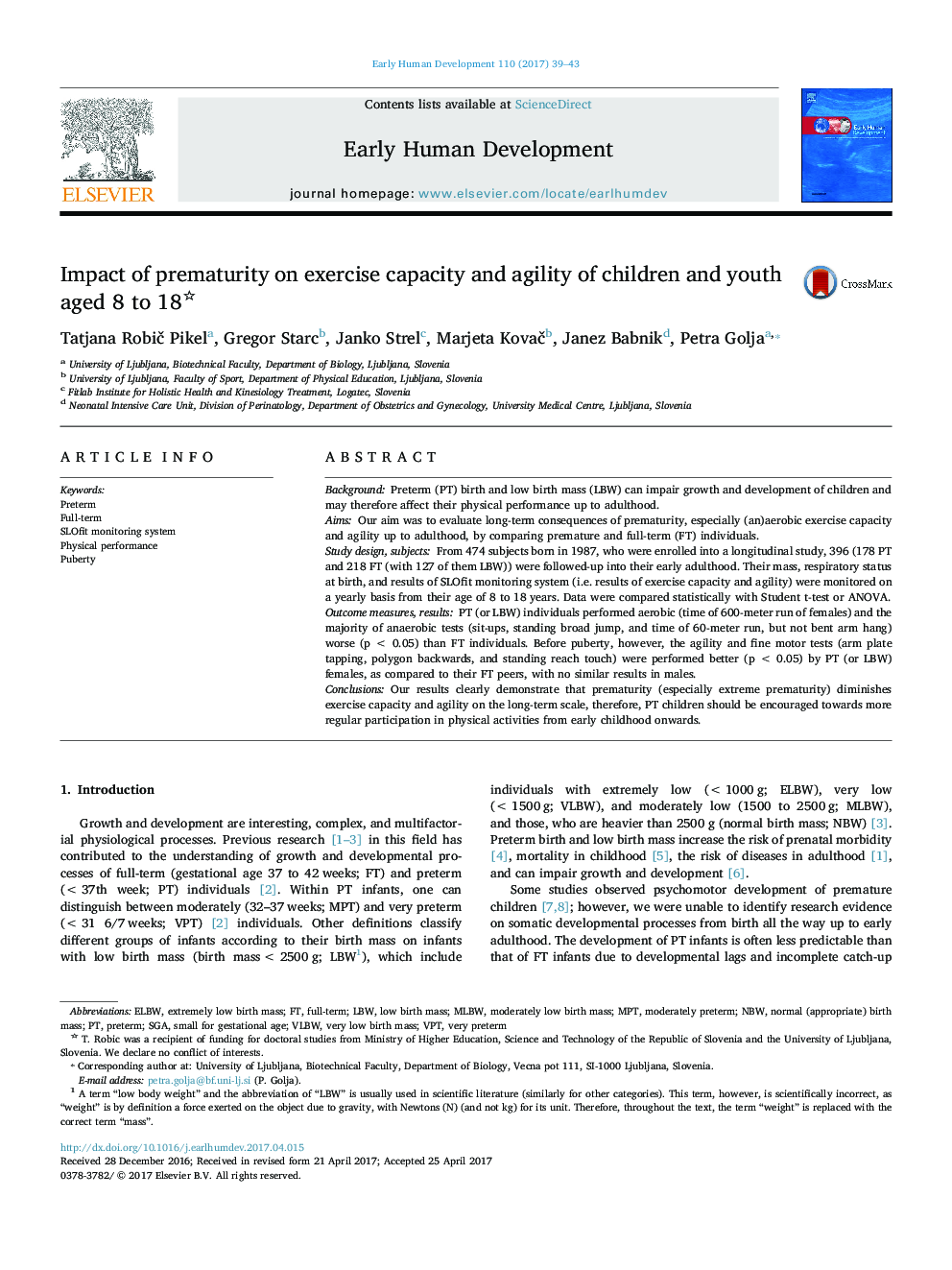 Impact of prematurity on exercise capacity and agility of children and youth aged 8 to 18