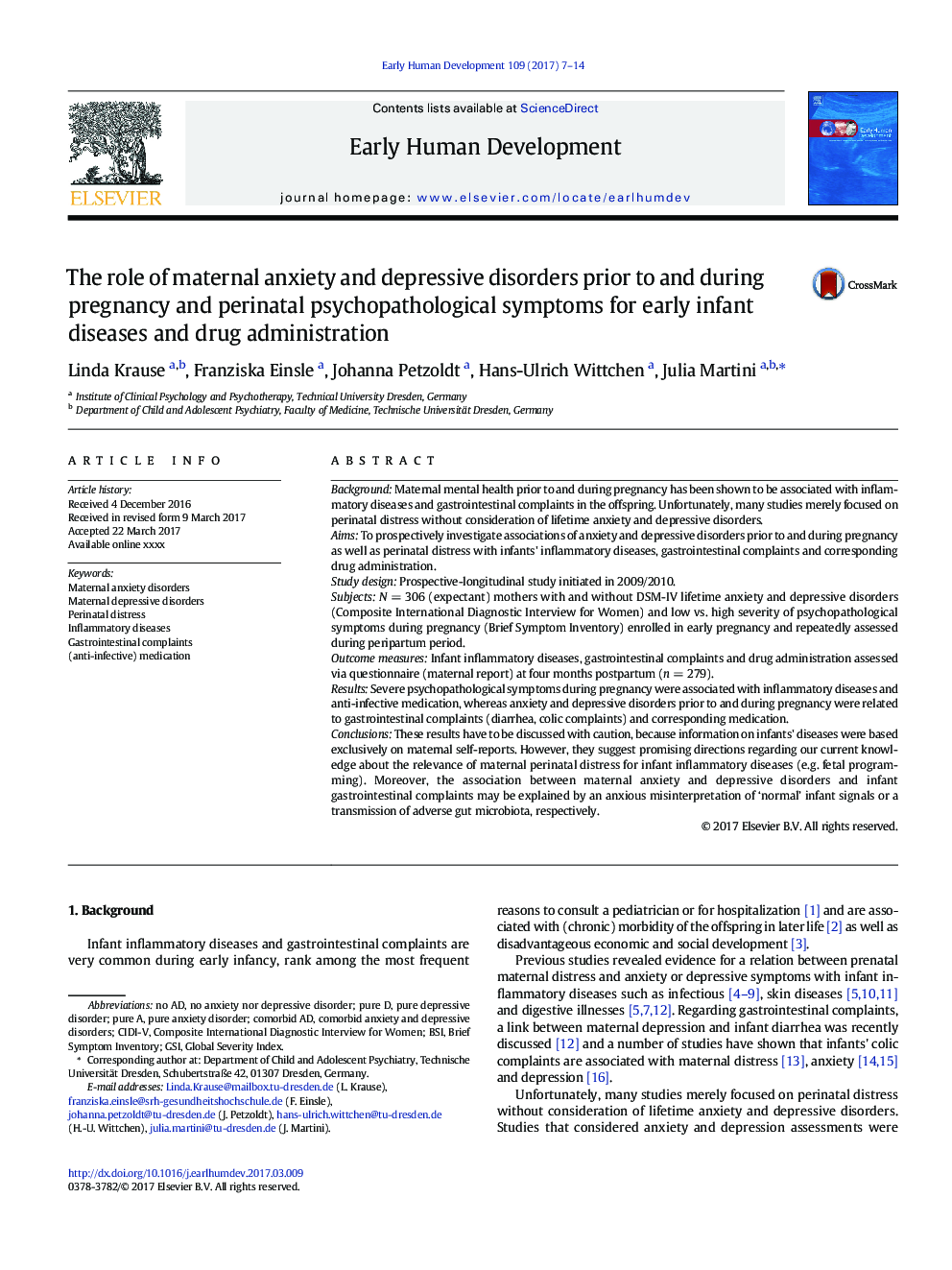 The role of maternal anxiety and depressive disorders prior to and during pregnancy and perinatal psychopathological symptoms for early infant diseases and drug administration