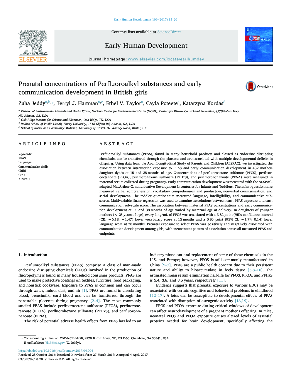 Prenatal concentrations of Perfluoroalkyl substances and early communication development in British girls