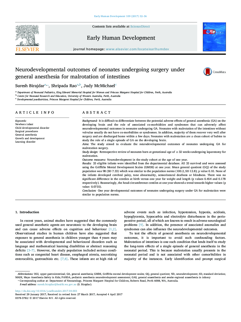 Neurodevelopmental outcomes of neonates undergoing surgery under general anesthesia for malrotation of intestines