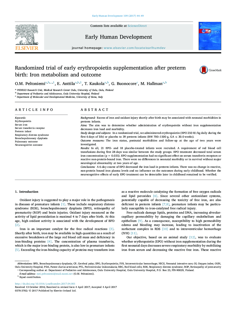 Randomized trial of early erythropoietin supplementation after preterm birth: Iron metabolism and outcome