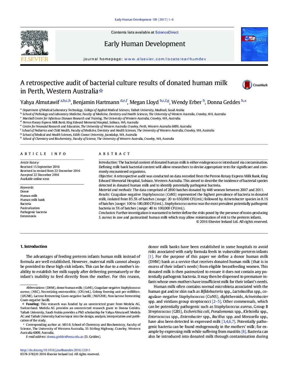 A retrospective audit of bacterial culture results of donated human milk in Perth, Western Australia