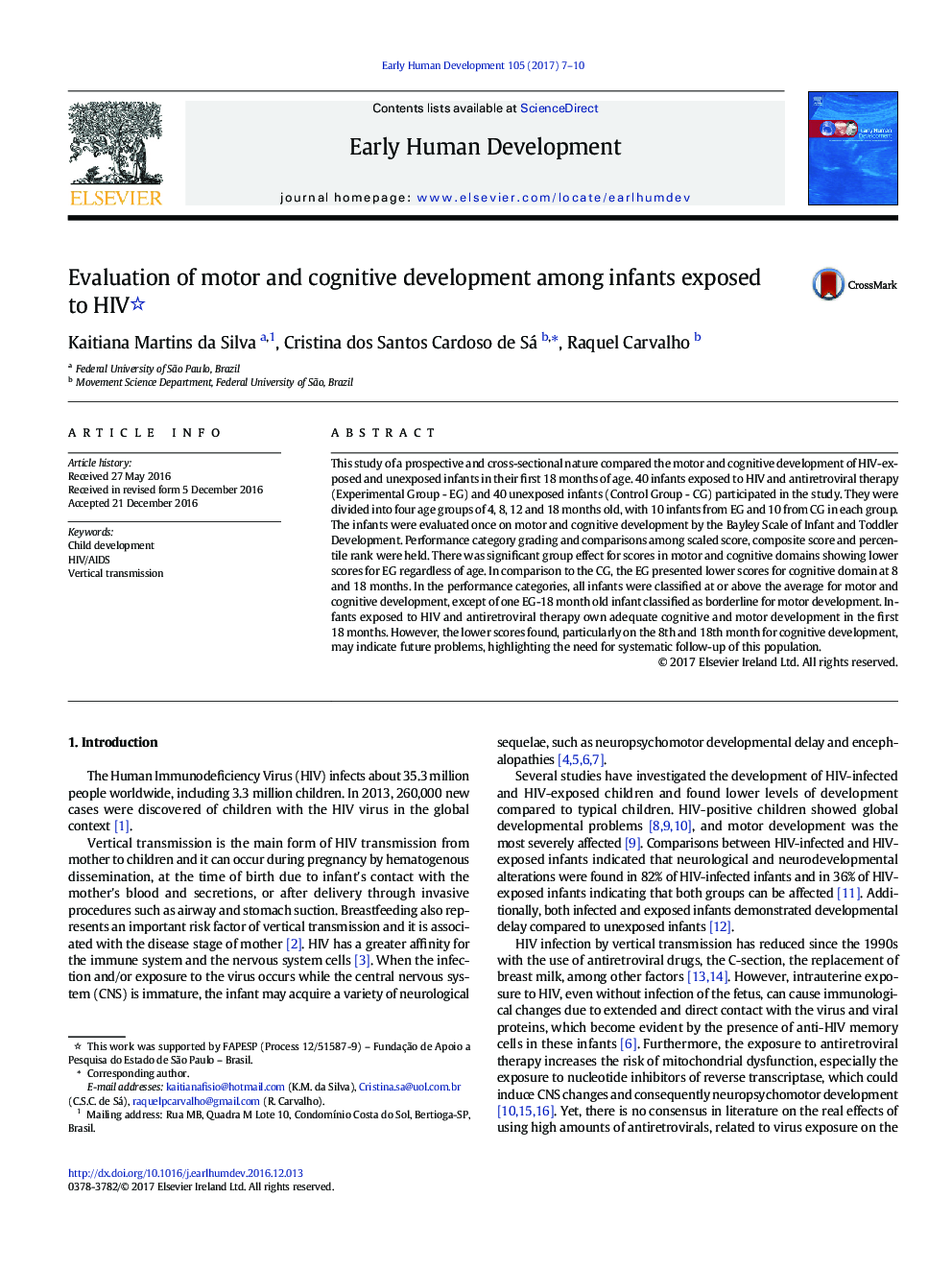 Evaluation of motor and cognitive development among infants exposed to HIV