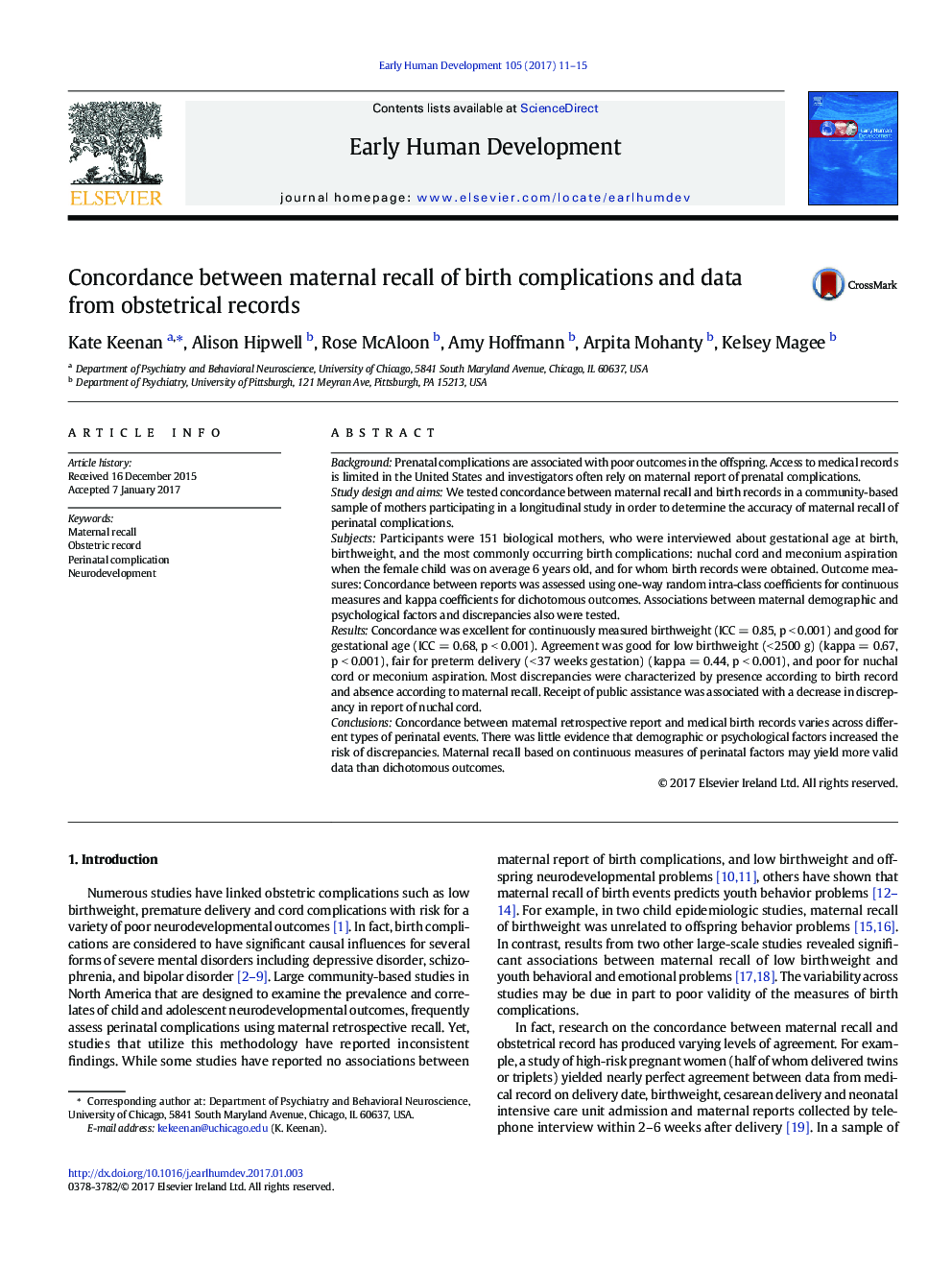 Concordance between maternal recall of birth complications and data from obstetrical records