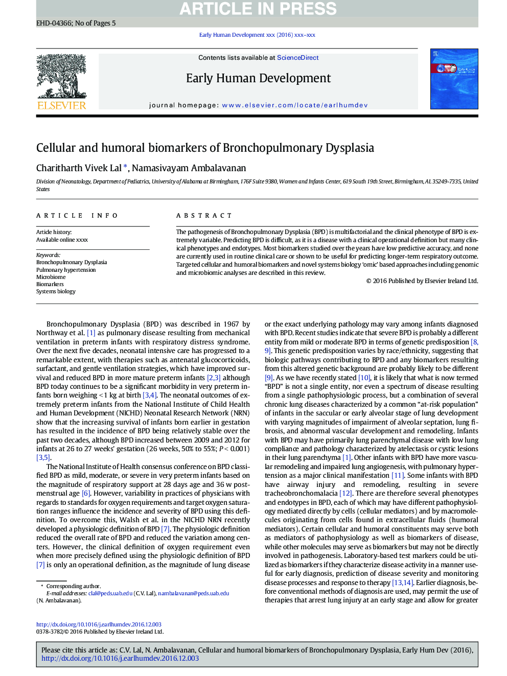 Cellular and humoral biomarkers of Bronchopulmonary Dysplasia