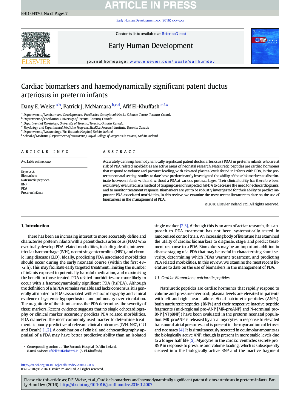 Cardiac biomarkers and haemodynamically significant patent ductus arteriosus in preterm infants