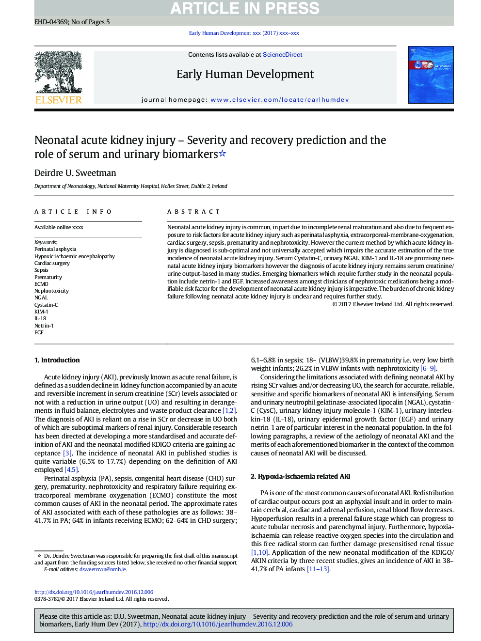 Neonatal acute kidney injury - Severity and recovery prediction and the role of serum and urinary biomarkers