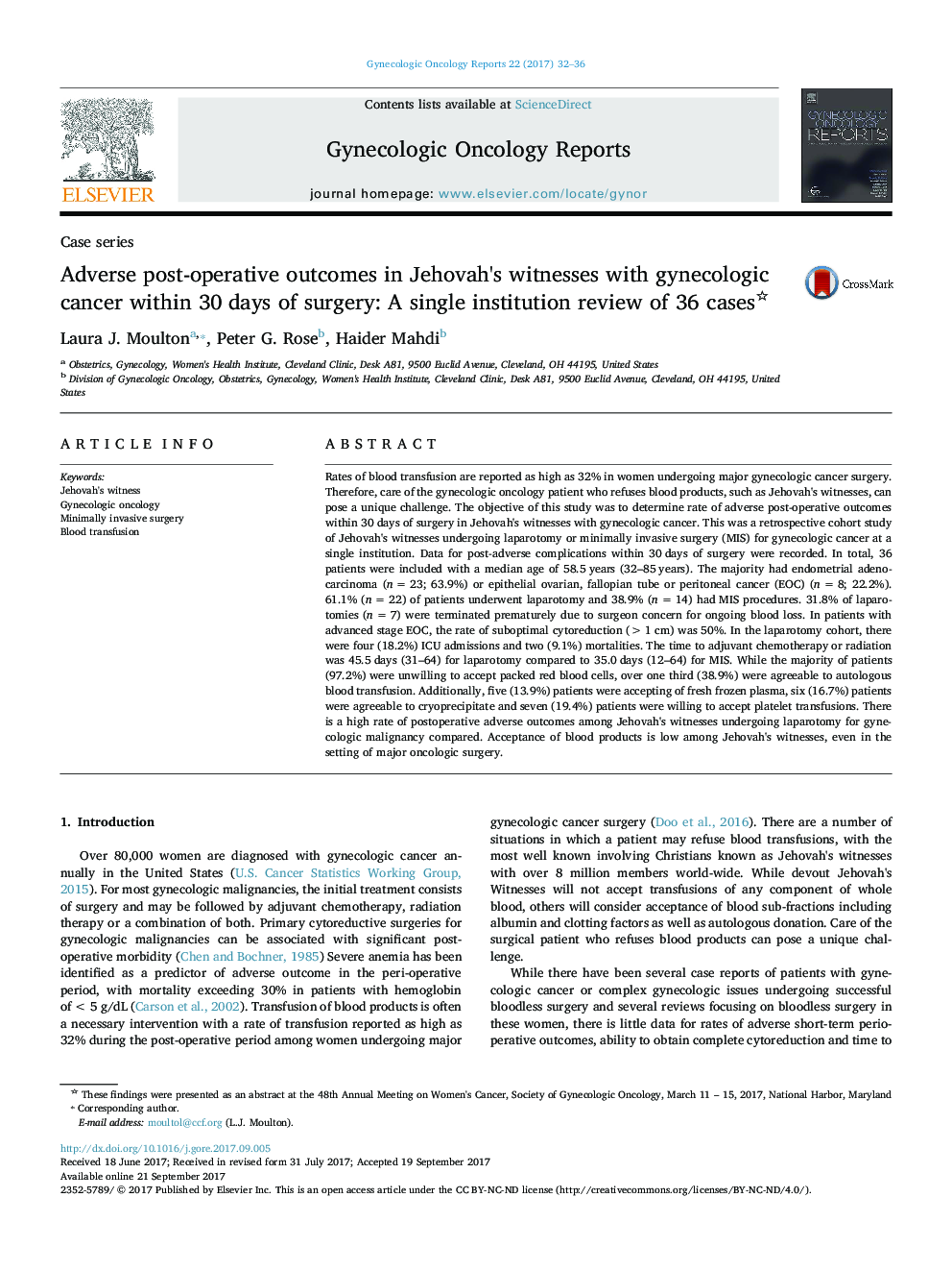 Adverse post-operative outcomes in Jehovah's witnesses with gynecologic cancer within 30Â days of surgery: A single institution review of 36 cases