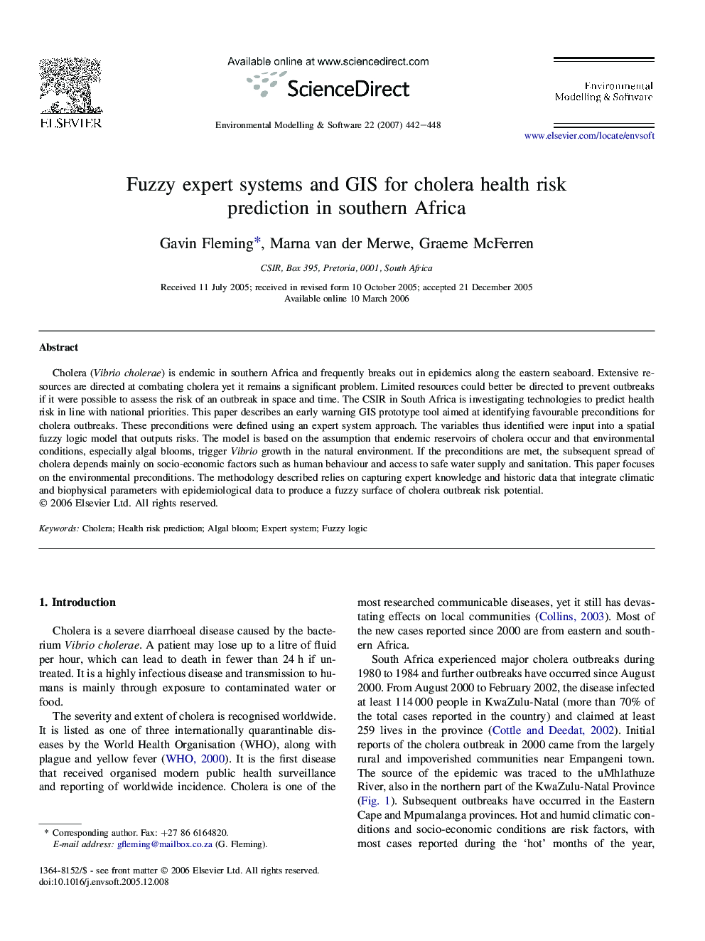 Fuzzy expert systems and GIS for cholera health risk prediction in southern Africa