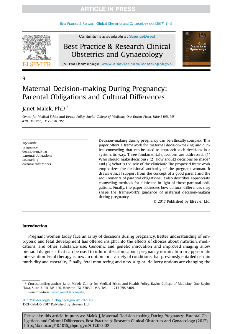 Maternal Decision-making During Pregnancy: Parental Obligations and Cultural Differences