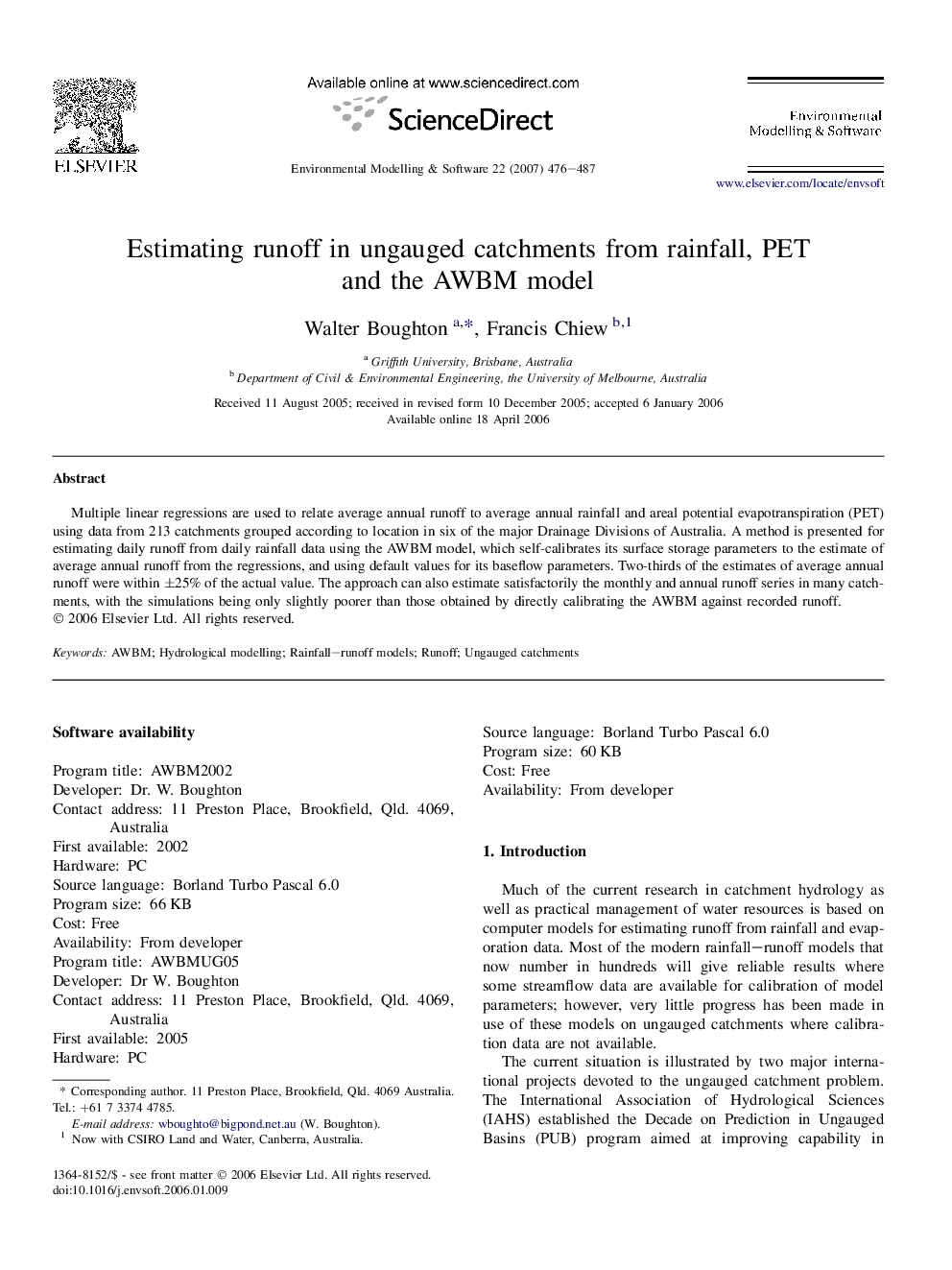 Estimating runoff in ungauged catchments from rainfall, PET and the AWBM model